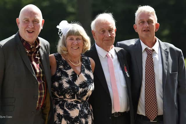 Geoff with wife Pam and sons Stephen and Paul after the British Empire Medal was presented by HM Lord-Lieutenant of Bedfordshire Helen Nellis at Luton Hoo. (Picture courtesy of June Essex Photography)