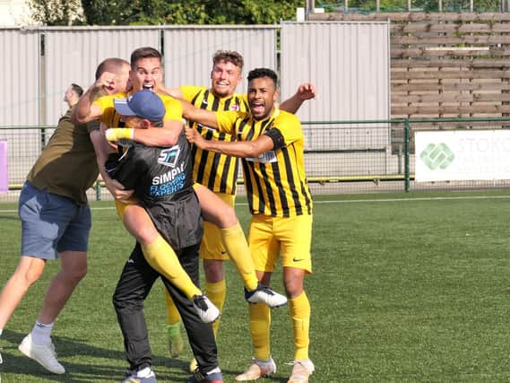 Celebrations as Leighton Town win 3-2 from 2-0 down against New Salamis  PICTURES BY ANDREW PARKER