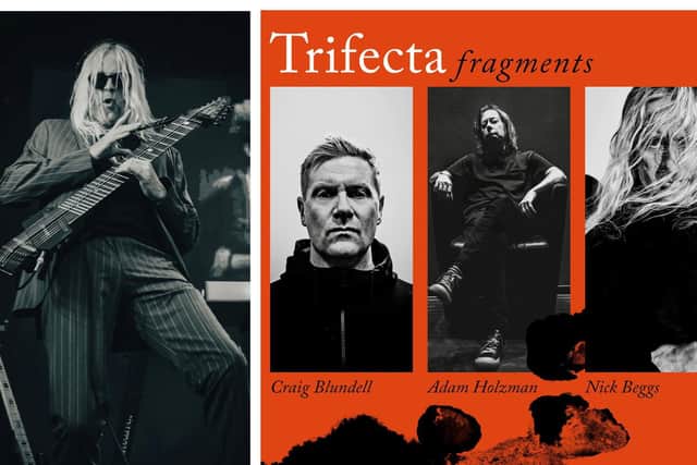 Left: Nick Beggs plays the Chapman Stick. Credit: Richard Purvis.
Right: Trifecta's new album, Fragments. Credit: Kscope/Trifecta.
