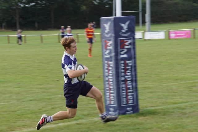 Jack Cullen scoring for the 2nds against Stockwood Park  (2nd XV PICTURES BY NIGE EATON)