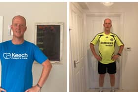 Matt now (left), and before the weight loss. He will be skydiving in his Keech Hospice Care t-shirt. Photo: Matt Wood.