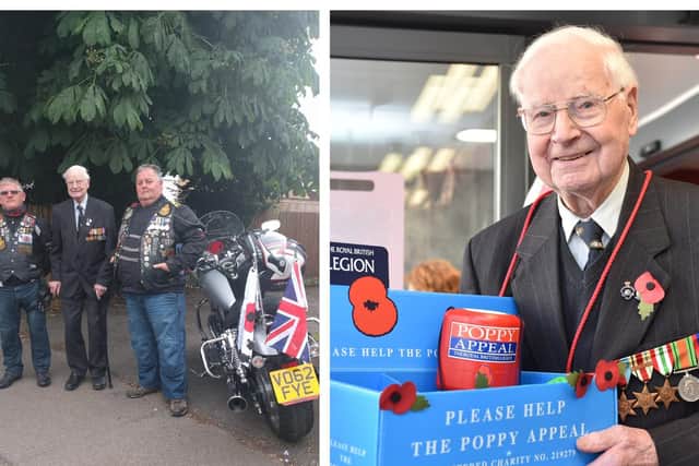 Wally during the Leighton Buzzard and Dunstable truck convoy and (right) selling poppies outside Wilko. Photos: Sarah Randall/Jane Russell.