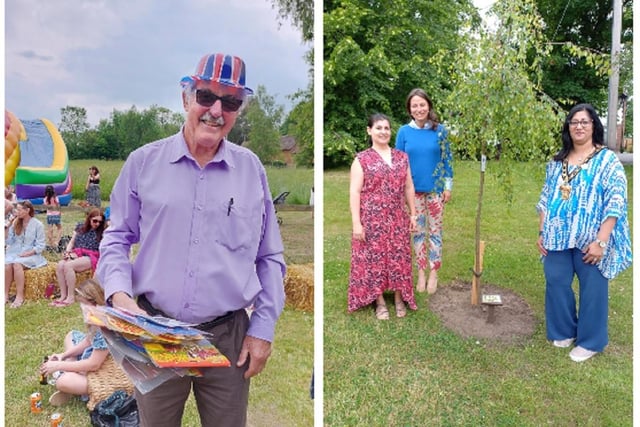 Heath and Reach Jubilee celebrations -  Nigel Strofton, fair organiser, and right: The Mayor of Leighton Linslade, Cllr Farzana Kharawala, with Meike Folkert the Mayor of Titisee - Neustadt, Germany  (which is twinned with Leighton Buzzard), and Cllr Andreea Piciorus. The brass plate states: "This Weeping Birch tree was planted to celebrate Her Majesty Queen Elizabeth's Platinum Jubilee June 2022."