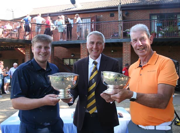 Leighton Club champion Ed Stephenson (left) with captain Graham Freer and Handicap Trophy winner Tim Martin.