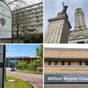 Clockwise from top left: Bedford Borough Council, Luton Town Hall, Milton Keynes Council and Central Bedfordshire Council
