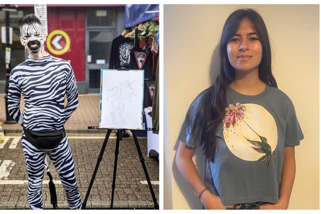 Left: Chad was asked for lots of selfies thanks to his costume for LB Pride. Right: Mya Rose-Craig models the hummingbird design. Images: Chad Killoran.