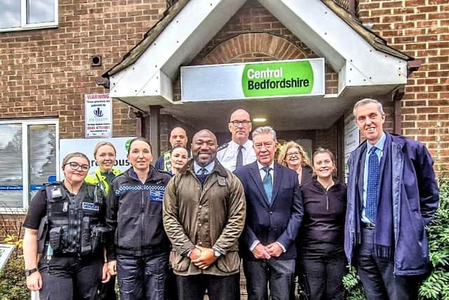 Bedfordshire Police with Police and Crime Commissioner Festus Akinbusoye and South West Bedfordshire MP Andrew Selous and dignitaries at Bossard House.