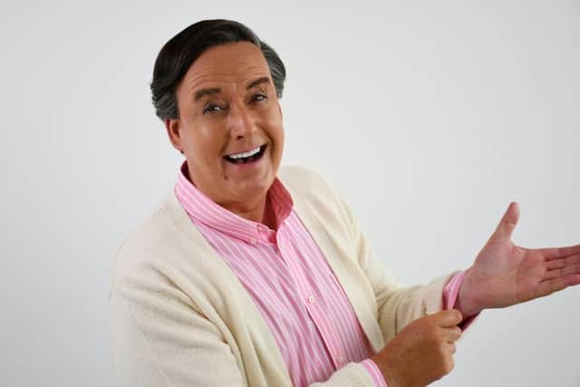 Actor Simon Cartwright in character as Bob Monkhouse. Picture:  Jacky Summerfield / SWNS