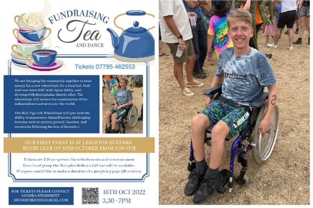 The tea dance poster, and right, Josh in his current wheelchair, which is too heavy and too small. Images: The Gooch family.