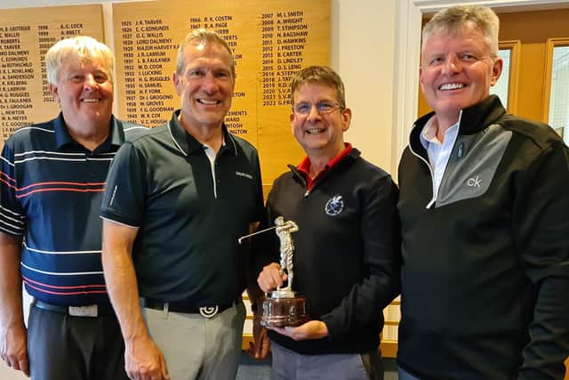 Leighton Buzzard hosted the Bedfordshire Seniors championship with home-club players featuring in the prizes.  Pictured (left to right) are David Banwell whose gross 76 was the best score in the 60-64 age group; John Latimer who tied for the overall top slot with a gross 74,  losing out on the extra-hole decider; Steve Boud whose 68 was the best nett score on the day and Mark Sandham, best nett runner-up with 70.