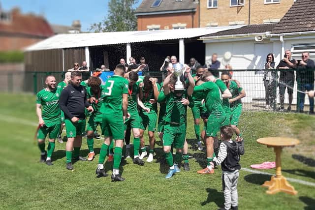 St Joseph’s celebrate their close 2-1 Premier Cup win over league champions Club Lewsey, for whom Jordan Mongay was Man of the Match