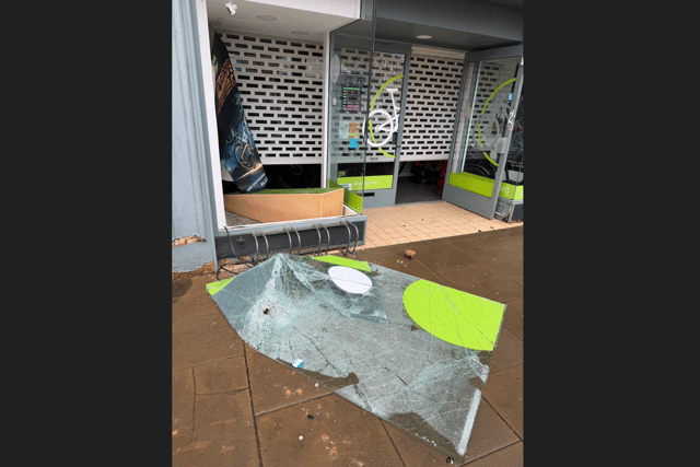The smashed glass after the break-in. Image supplied by: Dave Allen.