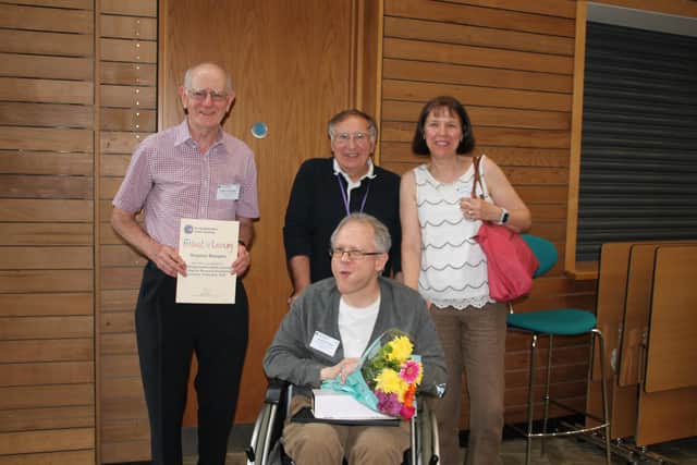 Jonathan (front) with Robert Webb, of Leighton-Linslade Helping Hands (behind, centre),  Spanish teacher Maria Barrios Bobillo (right) and a fellow award nominee (left).