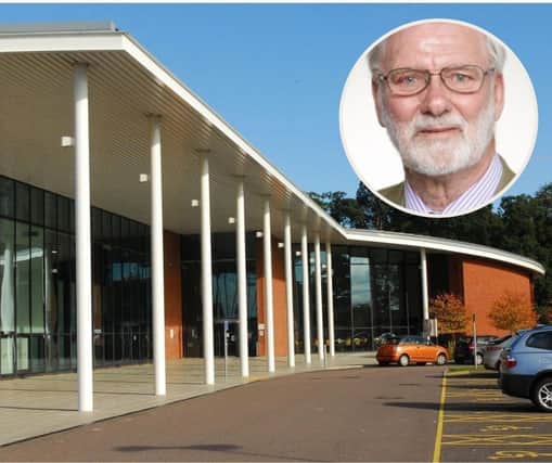 Central Beds Council HQ and inset, councillor Frank Firth