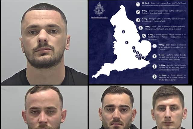 Four of the 13 men jailed in connection with an escape from Yarl's Wood, near Bedford