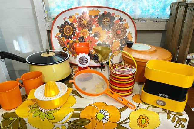 A cornucopia of vintage kitchenalia in the bright colours that first attracted Rachel to the retro market when she was in her teens. She says customers love orange and yellow