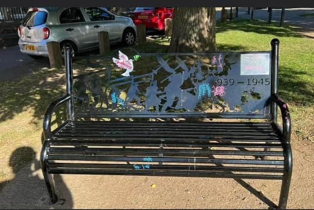 Wally Randall's memorial bench pictured after the first time it was targeted. Photo: Leia Blakesley.