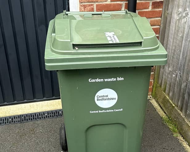 A Central Bedfordshire Council green waste bin.