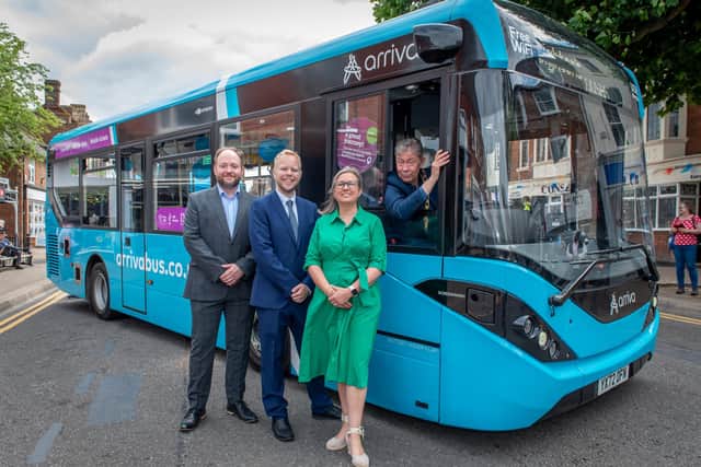 Launch of new Leighton Buzzard bus service. L-R: Charlie Costin - General Manager for Milton Keynes and Leighton Buzzard, Arriva
Toby France - Head of Commercial, Arriva Cllr Tracey Wye - CBC Cllr Kevin Pughe, Town Mayor of Leighton-Linslade (in driver's seat)