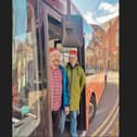 Town councillors Jo Symes and Andrea Kidd celebrating the free Christmas buses. Image: Leighton Buzzard Lib Dems.