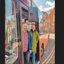Town councillors Jo Symes and Andrea Kidd celebrating the free Christmas buses. Image: Leighton Buzzard Lib Dems.