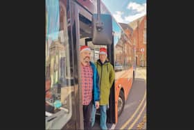 Town councillors Jo Symes and Andrea Kidd celebrating the free Christmas buses. Image: Leighton Buzzard Lib Dems.
