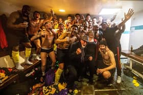 Leighton's players celebrate their title win. Photo: Leighton Town FC.