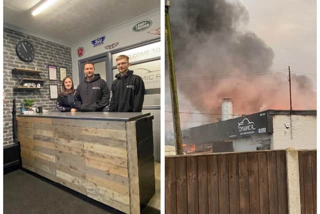 Carla, Matthew and Dan in the restored business premises, and right, the fire in November 2021. Images: Dynamic Repairs.