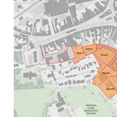 Leighton Buzzard report study area. Key: Orange - council owned land. Lined - recorded adopted highway. Pink - town centre boundary. Red - study area boundary. Image: CBC.