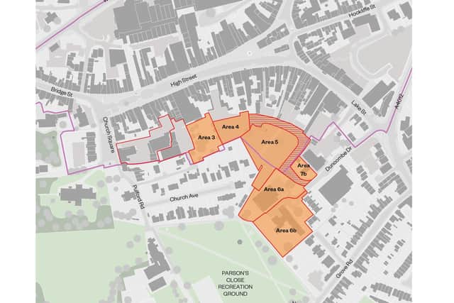 Leighton Buzzard report study area. Key: Orange - council owned land. Lined - recorded adopted highway. Pink - town centre boundary. Red - study area boundary. Image: CBC.