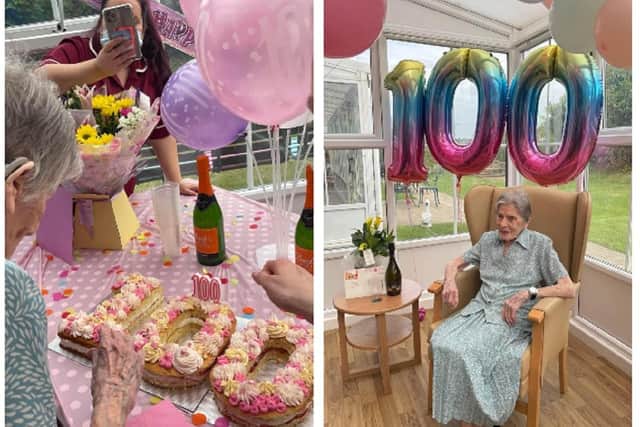 Ruth was treated to a huge '100' cake and balloon display.