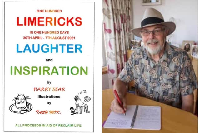 New book: Limericks, Laughter and Inspiration, and right, Harry Sear. Images: Harry Sear.