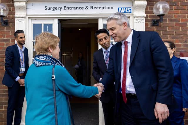 The Secretary of State for Health and Social Care (right) at Leighton Road Surgery's Grovebury Road site. Image: Andrew Selous MP.