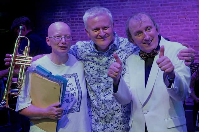 Nick (right) and Kathy with trumpet legend Mike Lovatt (Aretha Franklin, Seth MacFarlane, Gary Barlow) after a 'Big Band Special' concert with the Nick Care Big Band at the Court Theatre at Pendley, Tring, in Summer 2018. Image: Kathy Gifford.