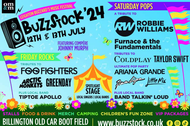 The colourful poster highlighting the tribute acts and local bands appearing at next year's Buzzcock Music Festival