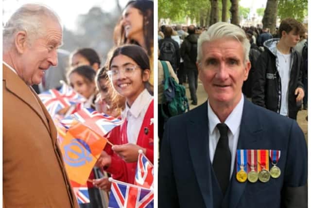 King Charles III meets school children waving flags during his recent visit to the newly built Guru Nanak Gurdwara in Luton (Photo by CHRIS JACKSON/POOL/AFP via Getty Images). Right: Councillor Pat Carberry on the day of the late Queen's funeral outside Buckingham Palace. The medals are all Queen's medals relation to his work for the fire service, the most important one being the 20 Year Long Service and Exemplary Conduct Medal. Image: Cllr Carberry.