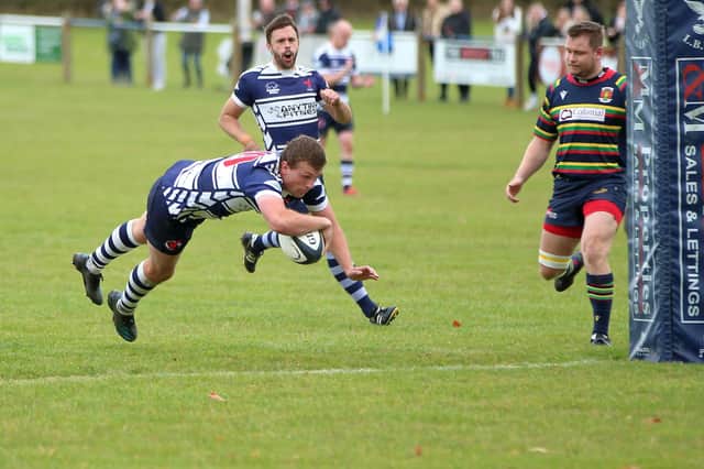 Tom Winch goes over for one of his tries against Northampton Old Scouts. Photo by Steve Draper.