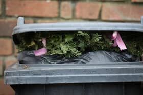 Christmas decorations sit on top of rubbish in a bin waiting to be collected.  (Photo by Matt Cardy/Getty Images)