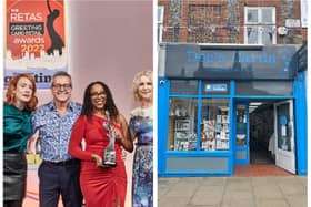 Left image: Dee’s Cards owners Paul Mordecai and Hannah Rudder (centre) receive their award from celebrity comedian Sara Barron (left) who was host for The Retas 2022, with category sponsor Fiona Pitt from Hallmark Cards (right). 
Right image: Dee's Cards, Hight Street.