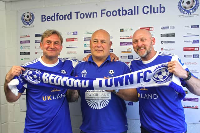 Lee Bircham (right) with assistant manager Tony Joyce (left) and Bedford Town owner and director Jon Taylor.