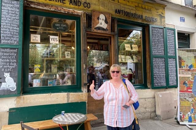 Susan Sachon outside the Shakespeare bookshop and cafe in Paris.