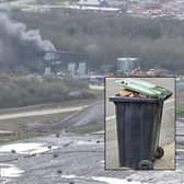 The fire in Bletchley, with photo courtesy of Josh Gallop, and inset a Central Bedfordshire Council recycling bin