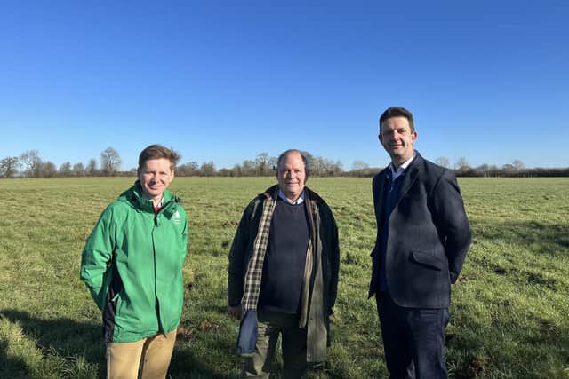 At the site of the new Wing Wood (from L-R) William Tyson, senior surveyor (Forestry England), John Chilver, cabinet member for Accessible Housing and Resources, and Gareth Williams, deputy leader and cabinet member for Climate Change and Environment. Image: Buckinghamshire Council.