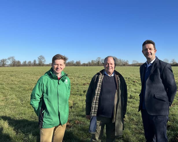 At the site of the new Wing Wood (from L-R) William Tyson, senior surveyor (Forestry England), John Chilver, cabinet member for Accessible Housing and Resources, and Gareth Williams, deputy leader and cabinet member for Climate Change and Environment. Image: Buckinghamshire Council.