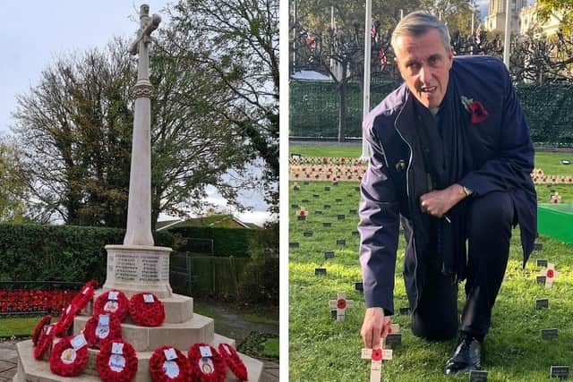 Left, wreaths left at Linslade War Memorial. Right, MP Andrew Selous honoured Leighton Buzzard soldier Sergeant William Ward in the House of Commons Constituency Garden of Remembrance last week. Pictures Leighton Linslade Town Council and Andrew Selous MP.