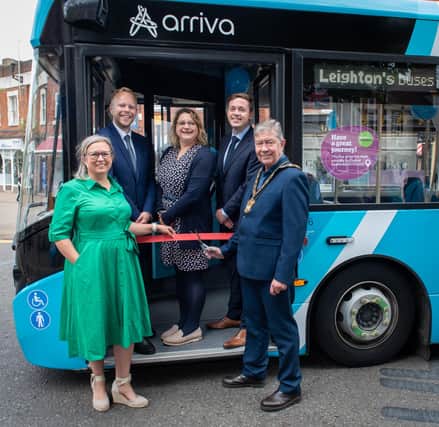 Launch of new bus service in Leighton Buzzard. L-R: Cllr Tracey Wye - CBC; Toby France - Head of Commercial, Arriva; Lyndsey Brannen - CBC; Matt King - Network Manager, Arriva; Cllr Kevin Pughe, Town Mayor of Leighton-Linslade.