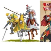 Knights in mock battle and, right, the book cover
