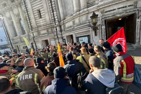 Firefighters outside Central Hall with FBU general secretary Matt Wrack on February 8