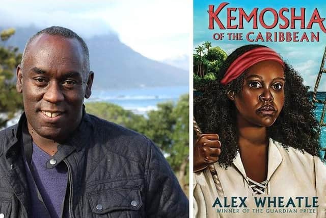 Award-winning author Alex Wheatle and the cover of his latest book, 'Kemosha Of The Caribbean'.