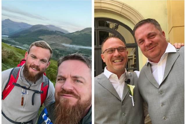 Ryan and Andy during the Three Peaks Challenge. Right: James and Andy at James's wedding in Las Vegas in 2017.